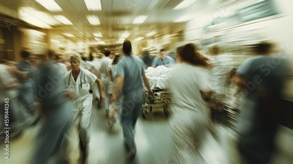 Fototapeta Emergency Room Chaos: Doctors and Nurses Rush to Save a Patient