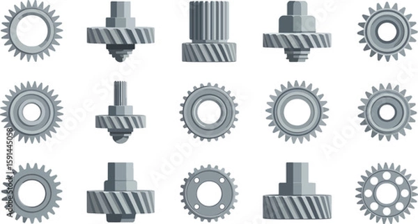 Obraz Vector Set of 15 Mixed Type Mechanical Gears – Bevel, Spur, Helical and More Industrial Gear Icons on White Background"