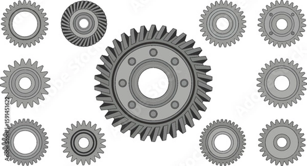 Obraz Vector Illustration of Central Mechanical Gear with Multiple Small Gears – Engineering Components Used in Industrial Machinery and Generators"