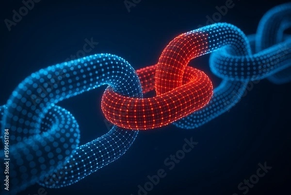 Fototapeta Broken chain link. The concept of data protection technology is a weak link in the system of digital data transfer. Hacker attack on the network. Digital background. 