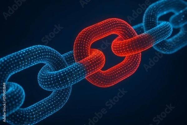 Fototapeta Broken chain link. The concept of data protection technology is a weak link in the system of digital data transfer. Hacker attack on the network. Digital background. 
