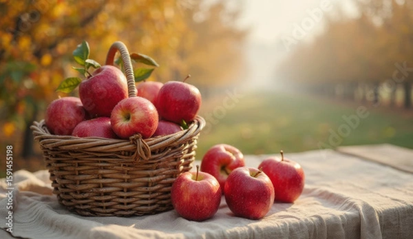 Fototapeta Woven basket filled with juicy red apples on fabric in autumn garden. Blurred apple trees in background evoke warm harvest season. Perfect for farm life and organic themes