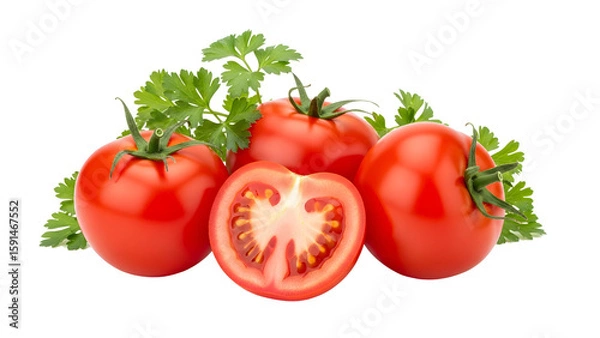 Fototapeta three and cut Fresh red tomatoes with parsley isolated on transparent background  Close-up of fresh tomatoes showing inner flesh and seeds