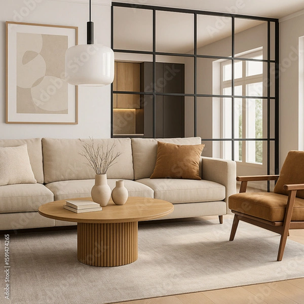 Obraz Modern living room with sofa and color pastel palette. Design interior concept