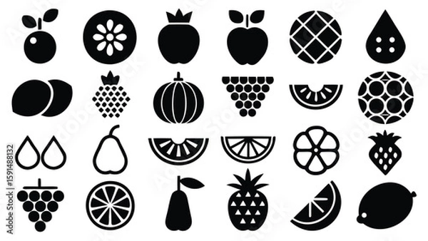Fototapeta Illustration of various kinds of fruits including whole and sliced fruits in a black and white color scheme