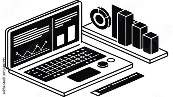 Fototapeta Isometric view of a laptop displaying data charts with bar graphs and a pie chart nearby on a surface