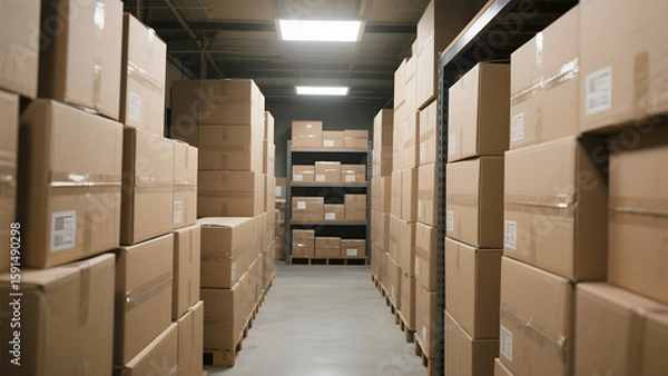 Fototapeta Rows of stacked cardboard boxes in a well-lit warehouse