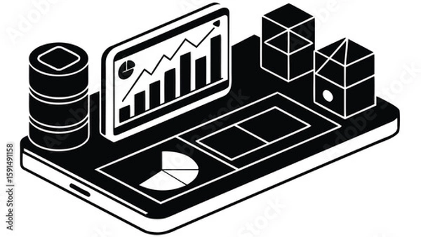 Fototapeta Isometric view of a mobile phone displaying various data charts and cubic shapes in black and white