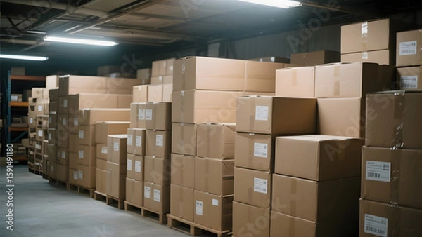 Fototapeta Rows of stacked cardboard boxes in a well-lit warehouse