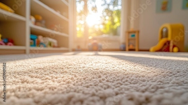 Obraz Sunlight streams through window onto soft, textured carpet in bright playroom.