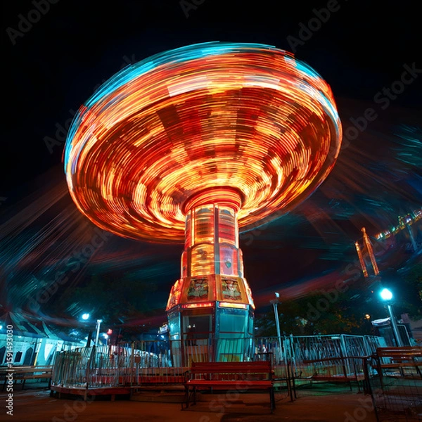 Fototapeta Carousel creating colorful trails of light at night in amusement park