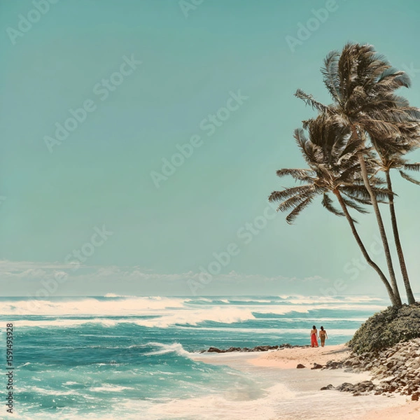 Fototapeta Tourists walking on tropical beach with palm trees and ocean waves