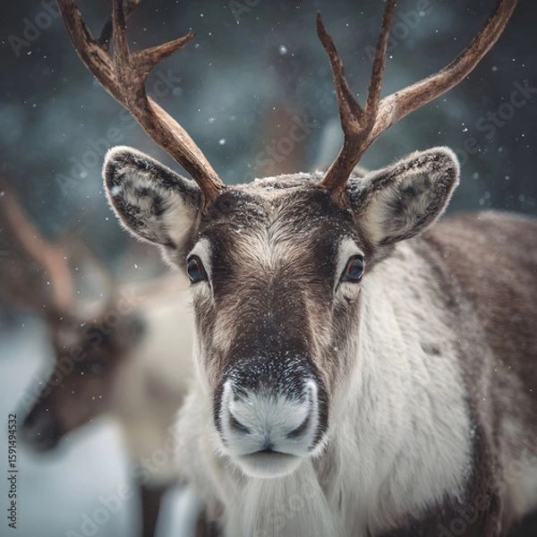 Fototapeta Reindeer looking at camera while snowing in winter forest