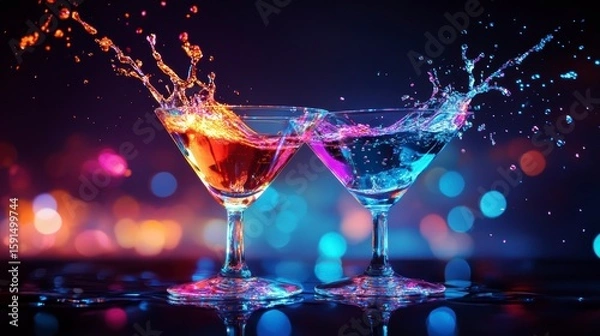 Obraz Two colorful cocktails splashing in martini glasses against a vibrant bokeh background.