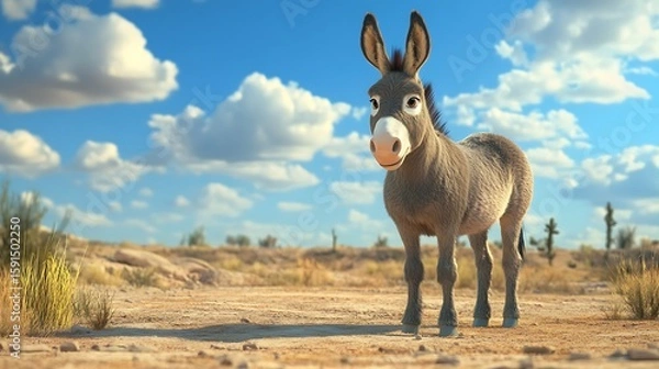 Fototapeta Desert donkey standing calmly under soft cloud sky high resolution picture