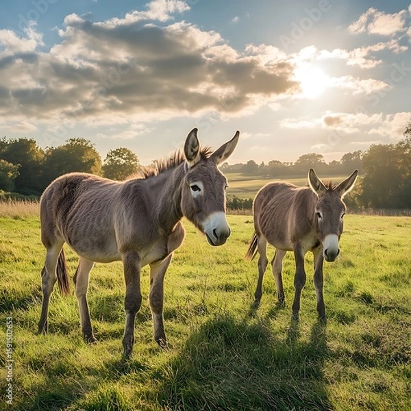 Fototapeta Donkey and baby grazing in sunny field high resolution picture