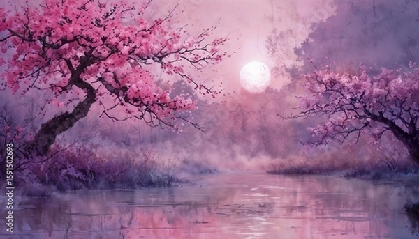 Obraz Serene Landscape With Cherry Blossoms Under Ethereal Lighting