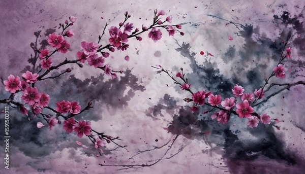 Obraz Cherry Blossom Branches With Ethereal Pink Flowers And Misty Background