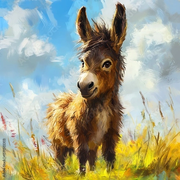 Fototapeta Donkey captured calmly in lush green pasture high resolution picture