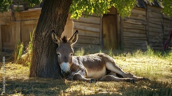 Fototapeta Donkey cuddled in sunlight on farm grass high resolution picture