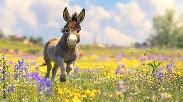 Fototapeta Donkey dashing across wildflower plain happily high resolution picture