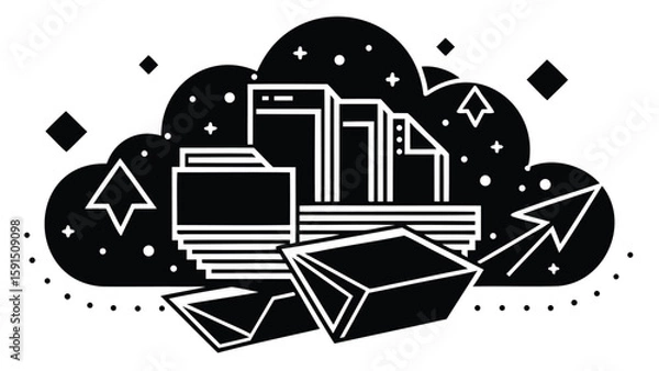 Fototapeta Black and white illustration of cloud storage with files folders and upward pointing arrows around it