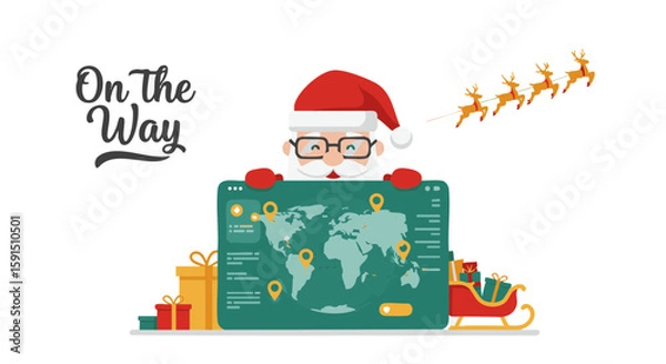 Fototapeta Santa Claus with delivery hologram flat vector icon on white