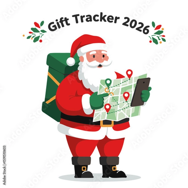 Fototapeta Santa tracking map on tablet flat vector icon red green on white