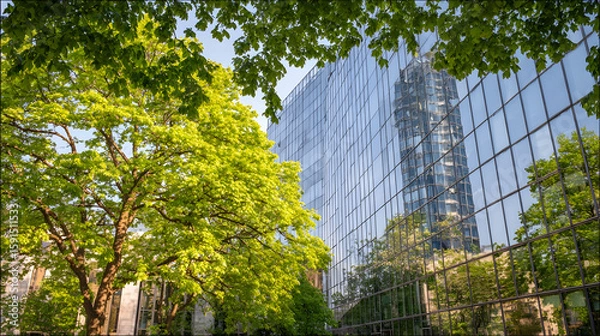 Obraz Diagonal View of Green Glass Architecture on City Tower