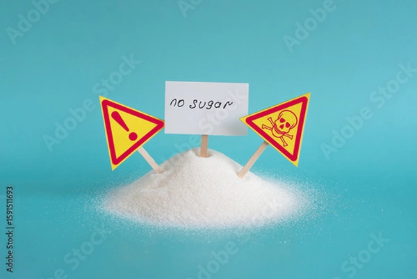 Fototapeta A warning about the dangers of sugar. A large mountain of sugar, the inscription no sugar and warning signs in close-up on a light background