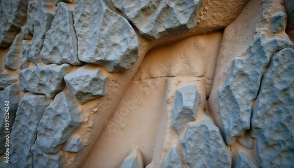 Fototapeta Natural stone wall texture with irregular rocks and sandy surfaces, detailed close-up