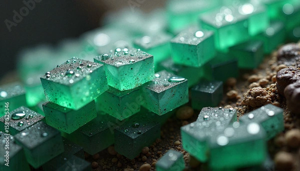 Fototapeta Macro shot of translucent green crystals with water droplets on a textured surface