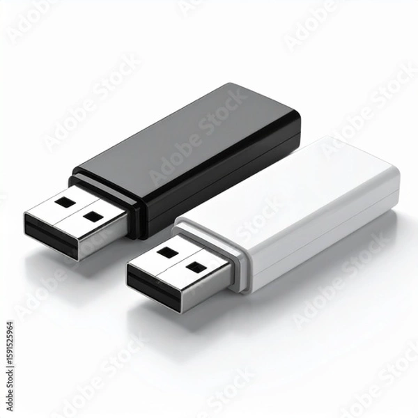 Fototapeta Generated image Office black or white USB flash drive with shadow-free white background