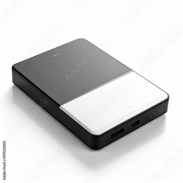 Fototapeta Generated image Office black or white external hard drive with shadow-free white background