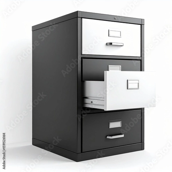 Fototapeta Generated image Office black or white filing cabinet with shadow-free white background
