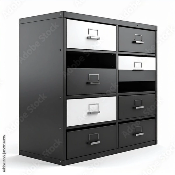Fototapeta Generated image Office black or white filing cabinet with shadow-free white background