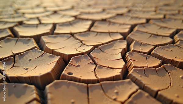 Fototapeta Close-up of cracked dry earth texture showing intricate patterns and warm colors