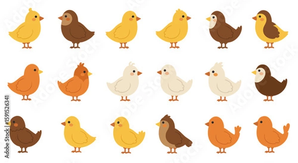 Fototapeta Set of 15 Flat Icons of Farm and Pet Birds on White Background