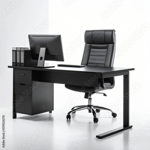 Fototapeta Generated image Office black desk with shadow-free white background