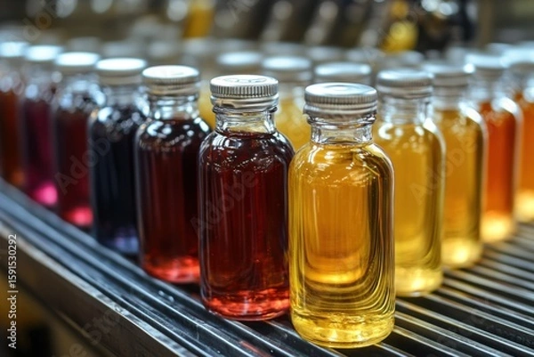 Fototapeta Colorful Glass Bottles Filled with Liquid on a Shelf Display