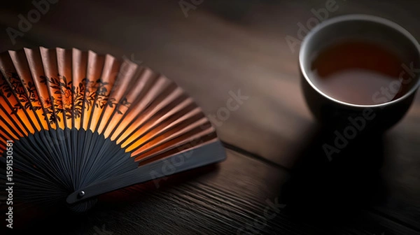 Fototapeta Elegant, ornate fan and teacup on a wooden surface.  Soft lighting highlights the warm colors of the fan