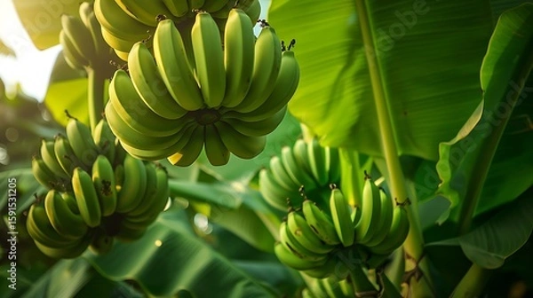 Obraz **A Clear Image Of Banana Bunches Hanging On A Tree, Still Green And Healthy, Surrounded By Large Green Leaves. Shot Should Be Framed To Exclude The Sky, Keeping Focus On The Fruit. Leaf Texture And N