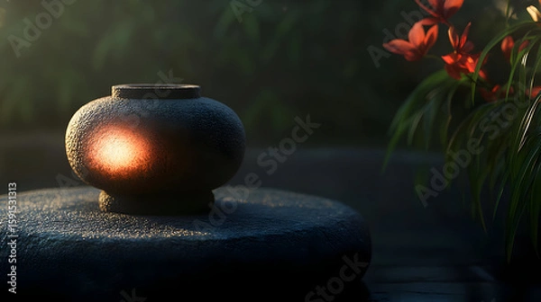 Fototapeta Dark, round pot on a stone slab, bathed in golden sunlight, amidst greenery and flowers.  Gentle morning light highlights the textured pot and the rough stone surface