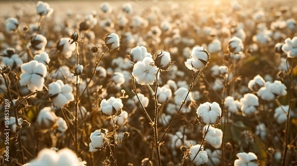 Obraz **A Serene Cotton Field In Bloom, With Fully Matured White Cotton Bolls Popping Out Of Dry Brown Stems. The Field Should Appear Endless, Creating A Soft White Blanket Effect Across The Land. Captured 