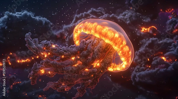 Fototapeta Fiery jellyfish in a cosmic storm.  A luminous, orange jellyfish, with dark, smoky tentacles, floats amidst a stormy night sky filled with glowing particles