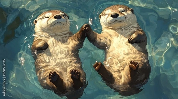 Fototapeta Two Cute Otters Floating Together in Calm Water at Daytime