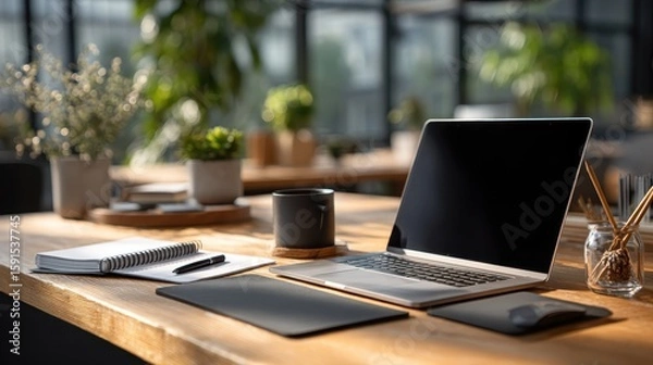 Fototapeta Modern Workspace with Sunlit Plants