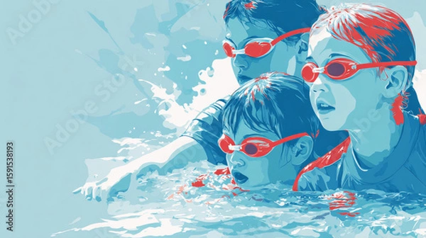 Fototapeta Another vector-based promotional graphic for childrenâ€™s swim classes, emphasizing structured coaching