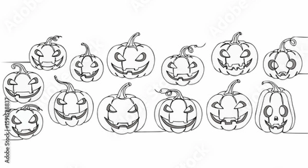 Obraz Halloween Pumpkin Faces Line Art.