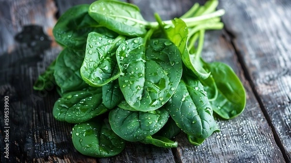 Obraz **A Freshly Plucked Bunch Of Green Spinach Leaves Placed On A Wet Wooden Surface, With Water Droplets Highlighting Freshness. The Shot Should Focus On Texture, Color, And Leaf Veins. The Background Mu
